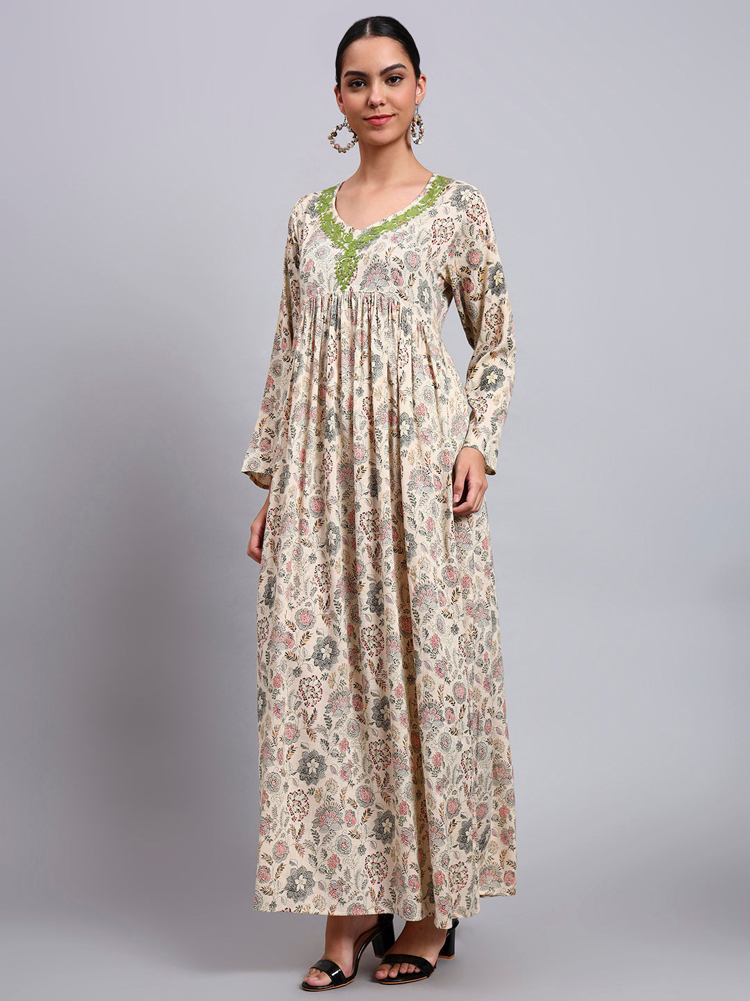 Women's Printed Rayon Jalabiya with Embroidered Neck-AL4067 Beige