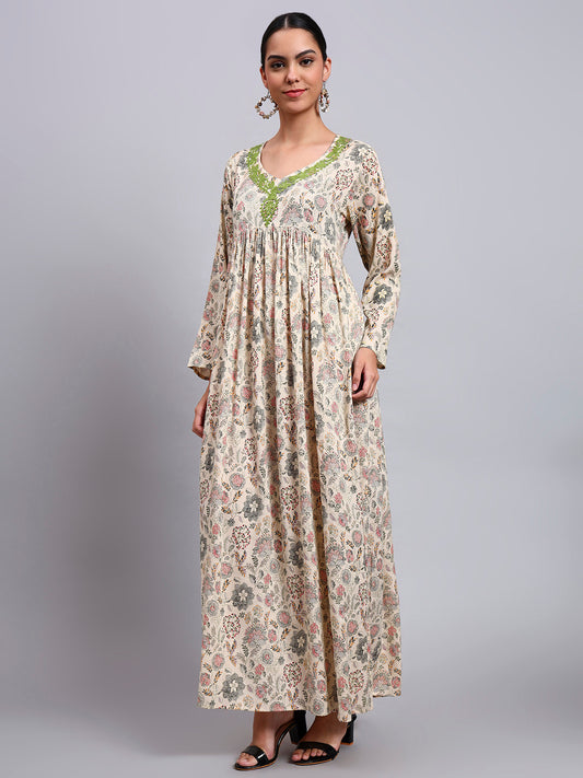 Women's Printed Rayon Jalabiya with Embroidered Neck-AL4067 Beige