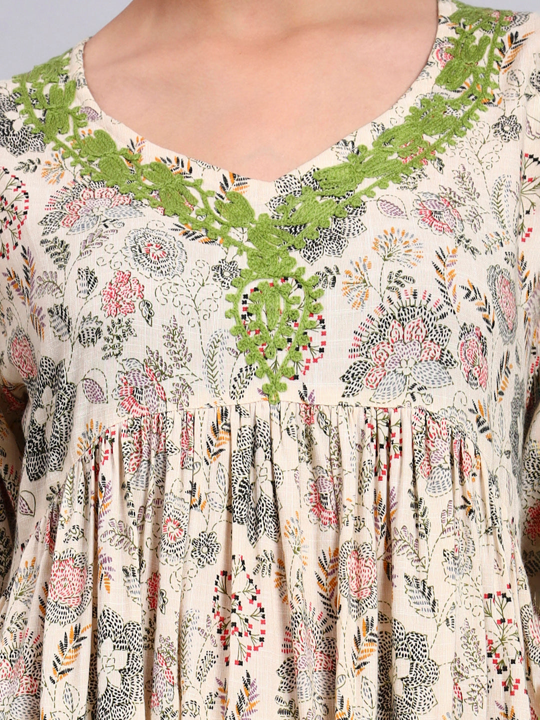 Women's Printed Rayon Jalabiya with Embroidered Neck-AL4067 Beige