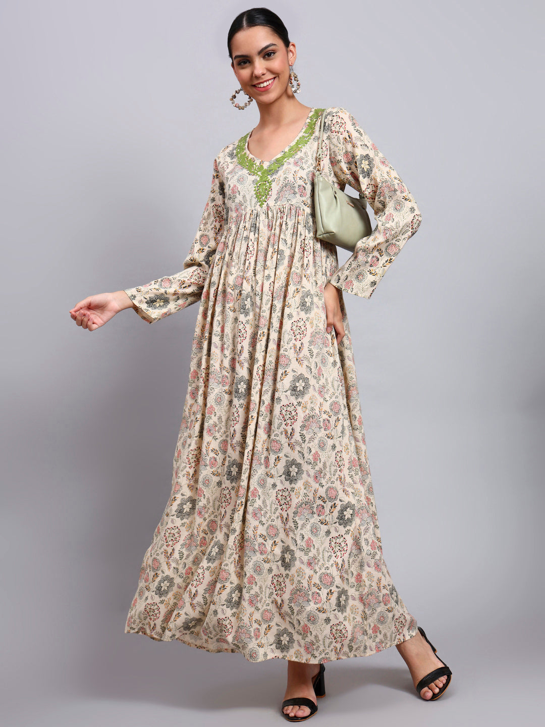 Women's Printed Rayon Jalabiya with Embroidered Neck-AL4067 Mauve