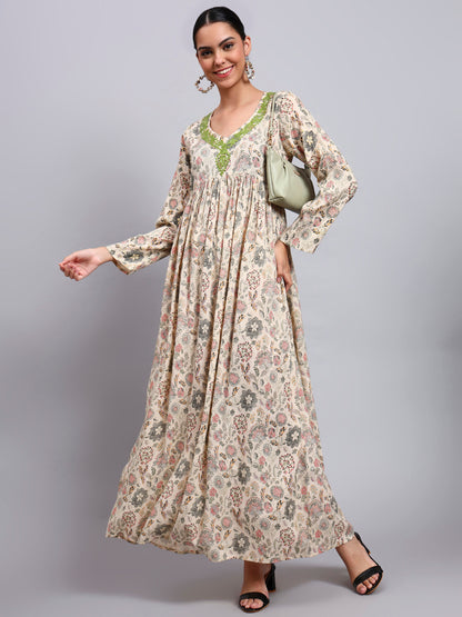 Women's Printed Rayon Jalabiya with Embroidered Neck-AL4067 Mauve