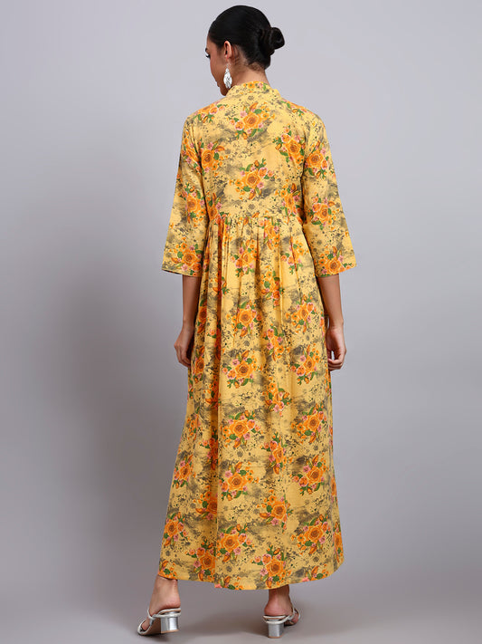 Women Floral Printed Cotton Jalabiya with Mandarin Collar & Three-Quarter Sleeves-AL4009 Yellow