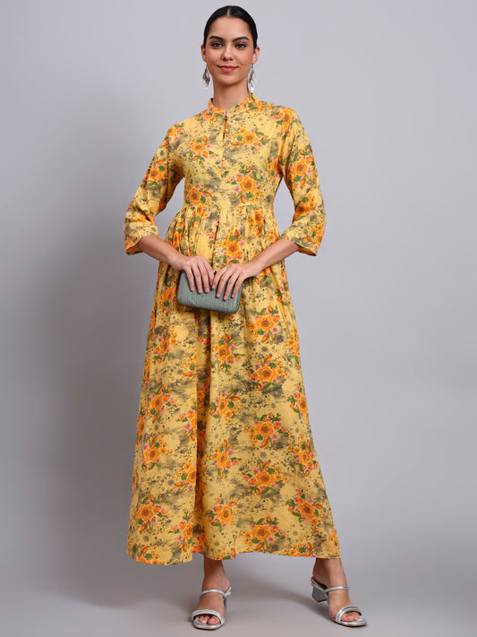 Women Floral Printed Cotton Jalabiya with Mandarin Collar & Three-Quarter Sleeves-AL4009 Yellow