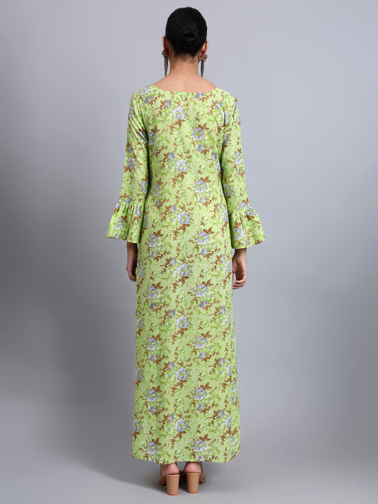 Women Green Floral Printed Cotton Jalabiya with Flared Sleeves & Round Neckline-AL4045 Parrotgreen