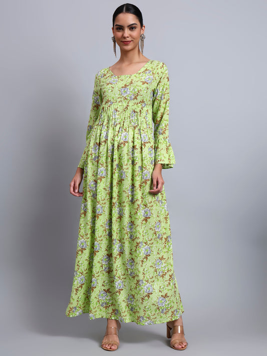 Women Green Floral Printed Cotton Jalabiya with Flared Sleeves & Round Neckline-AL4045 Parrotgreen