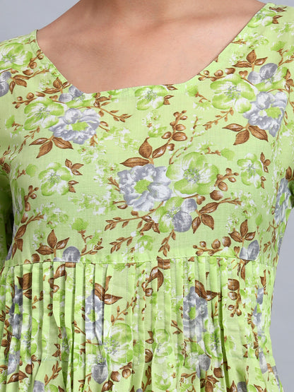 Women Green Floral Printed Cotton Jalabiya with Flared Sleeves & Round Neckline-AL4045 Parrotgreen