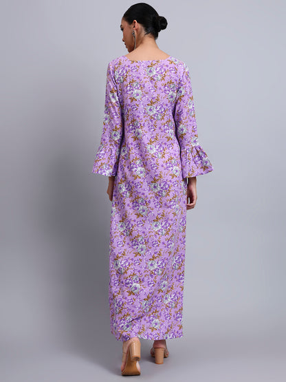 Women Green Floral Printed Cotton Jalabiya with Flared Sleeves & Round Neckline-AL4045 Lavender