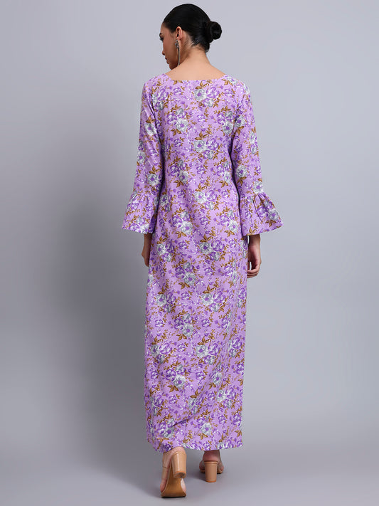 Women Green Floral Printed Cotton Jalabiya with Flared Sleeves & Round Neckline-AL4045 Lavender