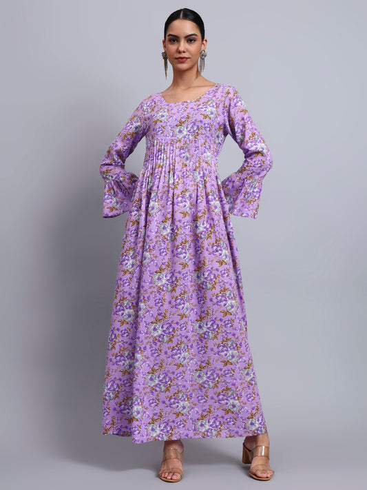 Women Green Floral Printed Cotton Jalabiya with Flared Sleeves & Round Neckline-AL4045 Lavender