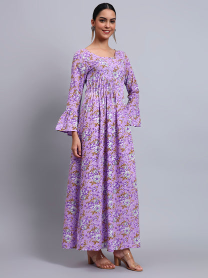 Women Green Floral Printed Cotton Jalabiya with Flared Sleeves & Round Neckline-AL4045 Lavender