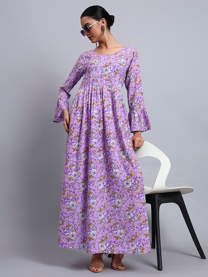 Women Green Floral Printed Cotton Jalabiya with Flared Sleeves & Round Neckline-AL4045 Lavender