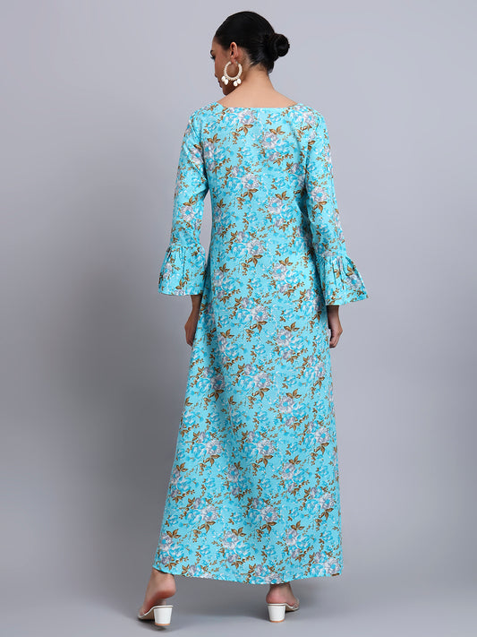 Women Green Floral Printed Cotton Jalabiya with Flared Sleeves & Round Neckline-AL4045 Turquoise