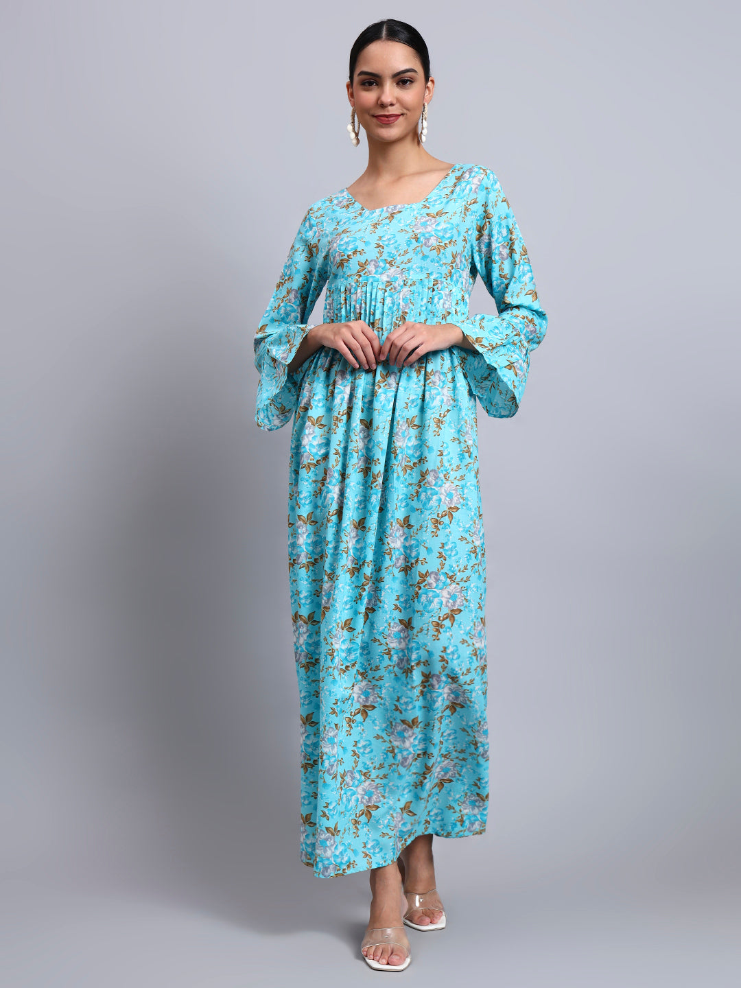 Women Green Floral Printed Cotton Jalabiya with Flared Sleeves & Round Neckline-AL4045 Turquoise