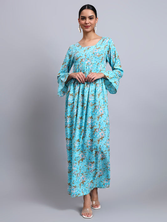 Women Green Floral Printed Cotton Jalabiya with Flared Sleeves & Round Neckline-AL4045 Turquoise