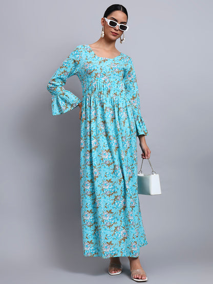 Women Green Floral Printed Cotton Jalabiya with Flared Sleeves & Round Neckline-AL4045 Turquoise