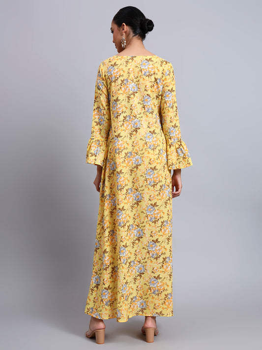 Women Green Floral Printed Cotton Jalabiya with Flared Sleeves & Round Neckline-AL4045 Yellow