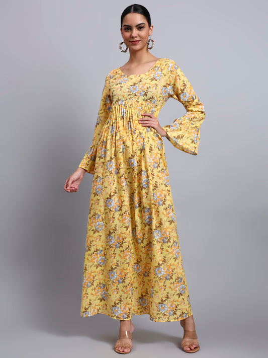 Women Green Floral Printed Cotton Jalabiya with Flared Sleeves & Round Neckline-AL4045 Yellow
