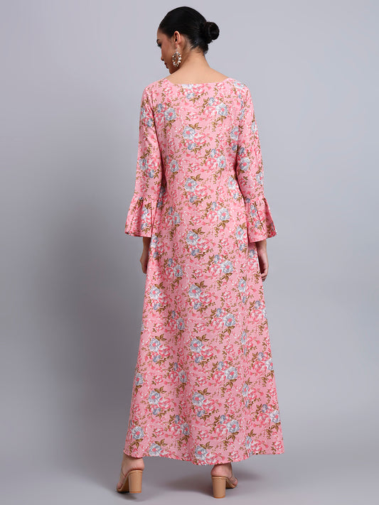 Women Green Floral Printed Cotton Jalabiya with Flared Sleeves & Round Neckline-AL4045 Peach