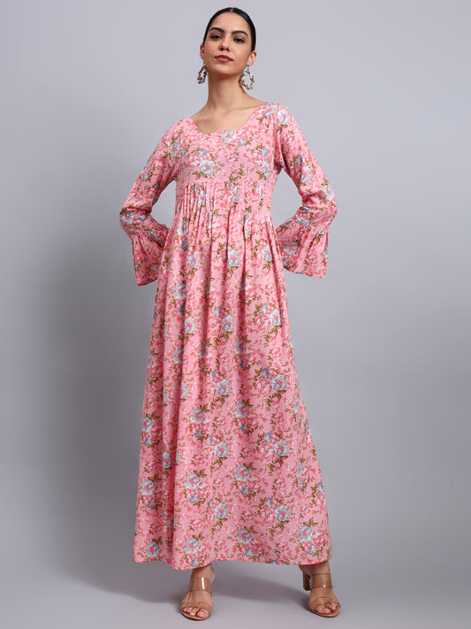 Women Green Floral Printed Cotton Jalabiya with Flared Sleeves & Round Neckline-AL4045 Peach