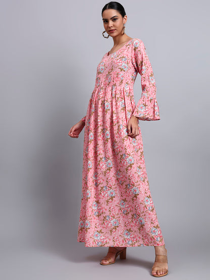 Women Green Floral Printed Cotton Jalabiya with Flared Sleeves & Round Neckline-AL4045 Peach