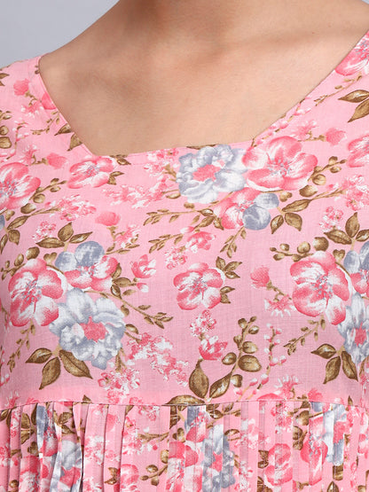 Women Green Floral Printed Cotton Jalabiya with Flared Sleeves & Round Neckline-AL4045 Peach