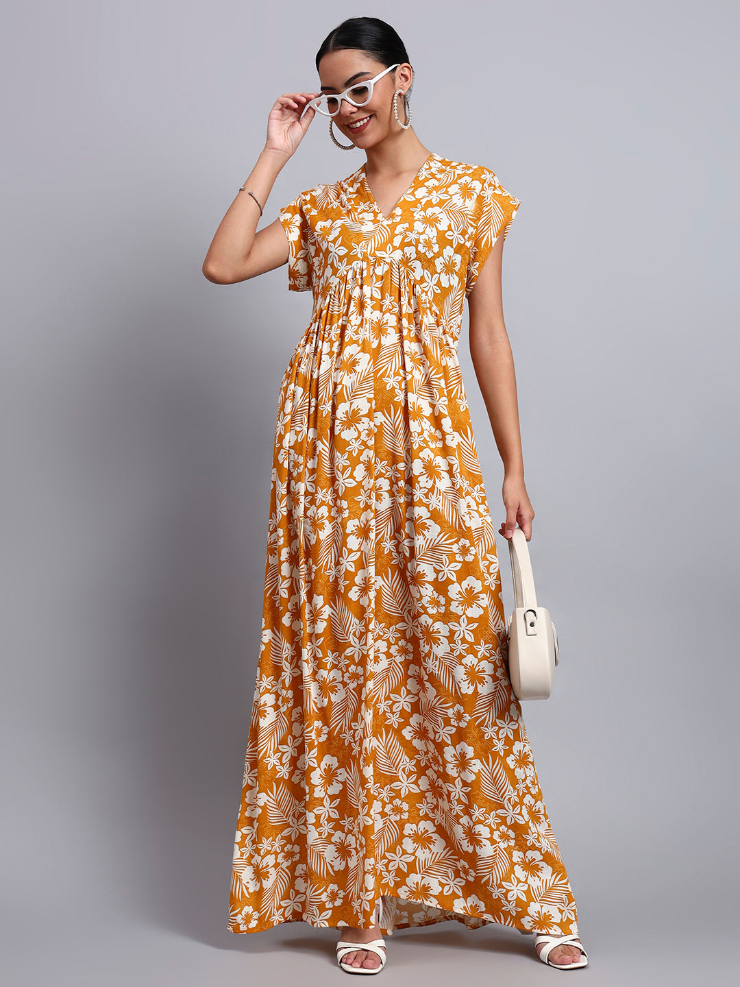 Hand Embroidered Chikankari Cotton Jalabiya-AL3697 Mustard