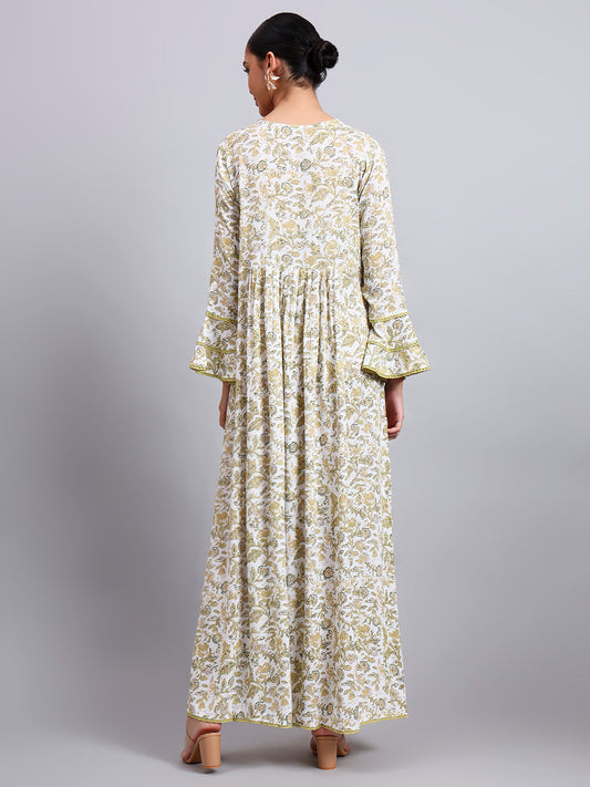 Women Floral Printed Rayon Jalabiya with Flared Sleeves & V-Neckline-AL4011 Yellow