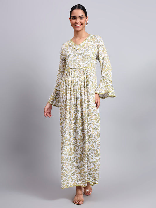 Women Floral Printed Rayon Jalabiya with Flared Sleeves & V-Neckline-AL4011 Yellow