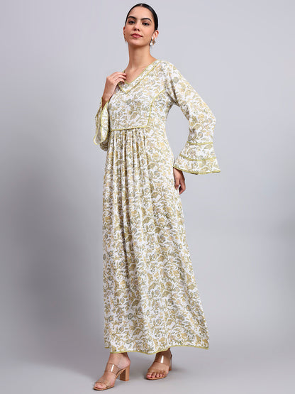 Women Floral Printed Rayon Jalabiya with Flared Sleeves & V-Neckline-AL4011 Yellow