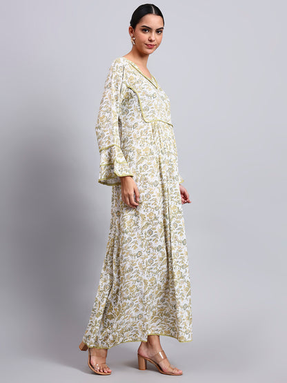 Women Floral Printed Rayon Jalabiya with Flared Sleeves & V-Neckline-AL4011 Yellow