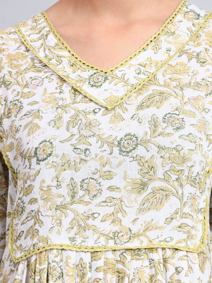 Women Floral Printed Rayon Jalabiya with Flared Sleeves & V-Neckline-AL4011 Yellow