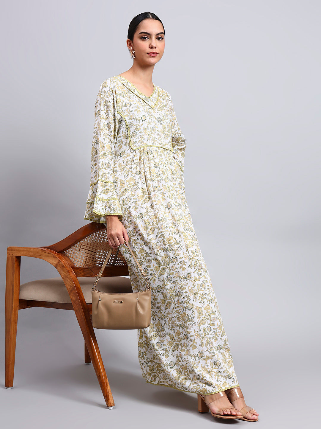 Women Floral Printed Rayon Jalabiya with Flared Sleeves & V-Neckline-AL4011 Yellow