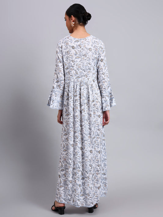 Women Floral Printed Rayon Jalabiya with Flared Sleeves & V-Neckline-AL4011 Dustygrey