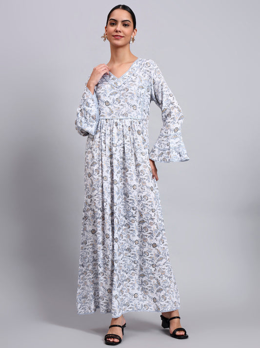 Women Floral Printed Rayon Jalabiya with Flared Sleeves & V-Neckline-AL4011 Dustygrey