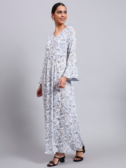 Women Floral Printed Rayon Jalabiya with Flared Sleeves & V-Neckline-AL4011 Dustygrey