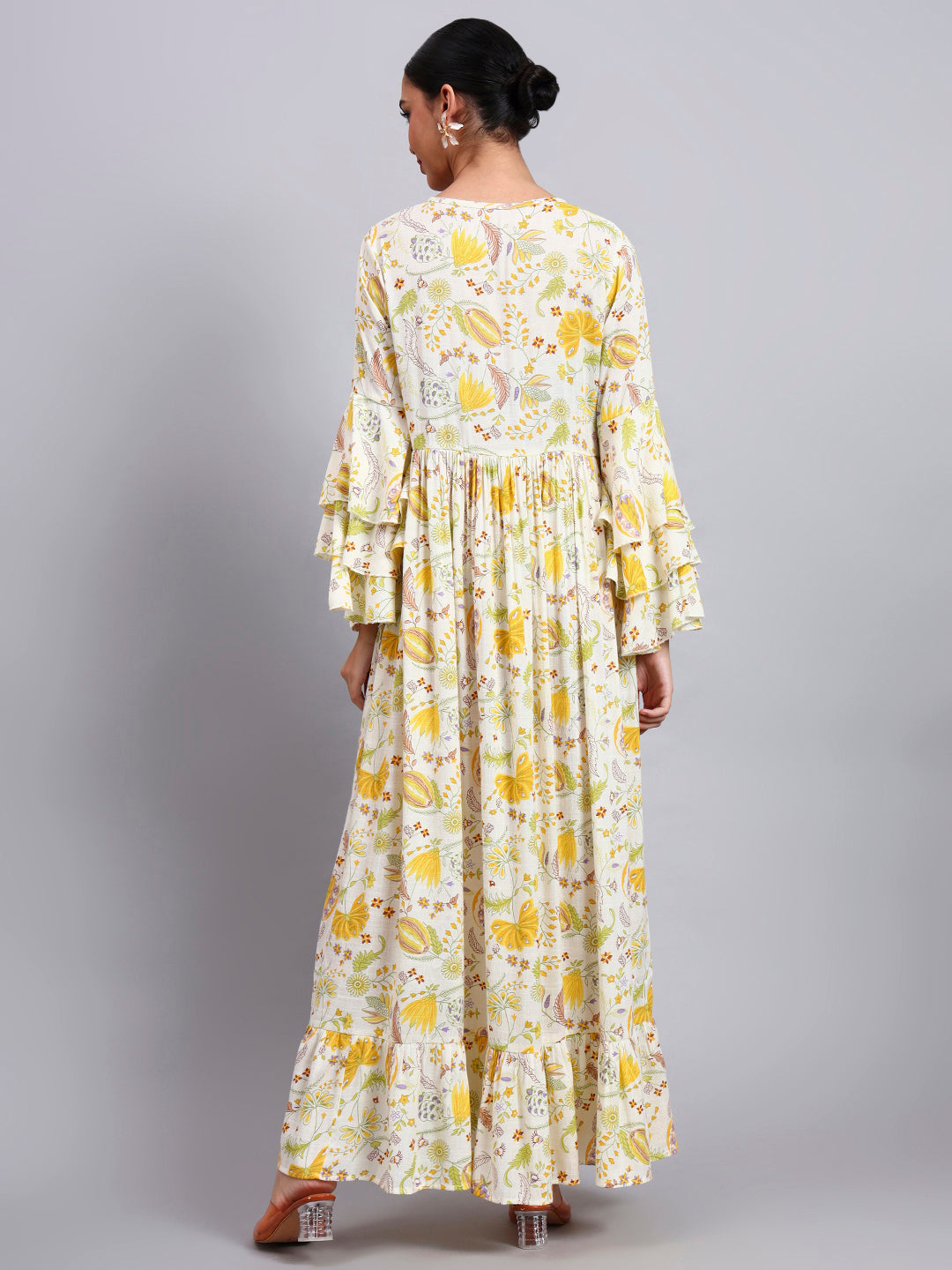 Women Floral Printed Rayon Jalabiya with Lace-Up Neckline-AL4006 Yellow