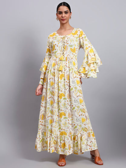 Women Floral Printed Rayon Jalabiya with Lace-Up Neckline-AL4006 Yellow