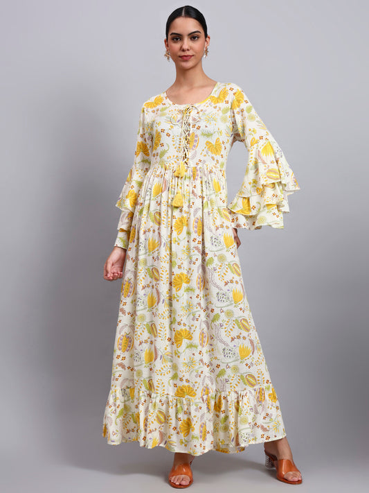 Women Floral Printed Rayon Jalabiya with Lace-Up Neckline-AL4006 Yellow