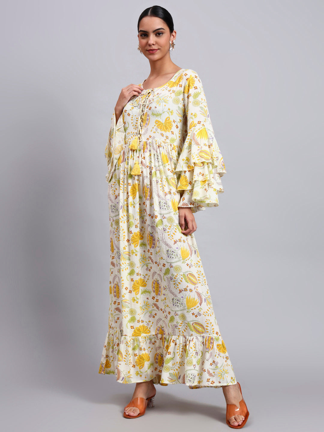 Women Floral Printed Rayon Jalabiya with Lace-Up Neckline-AL4006 Yellow