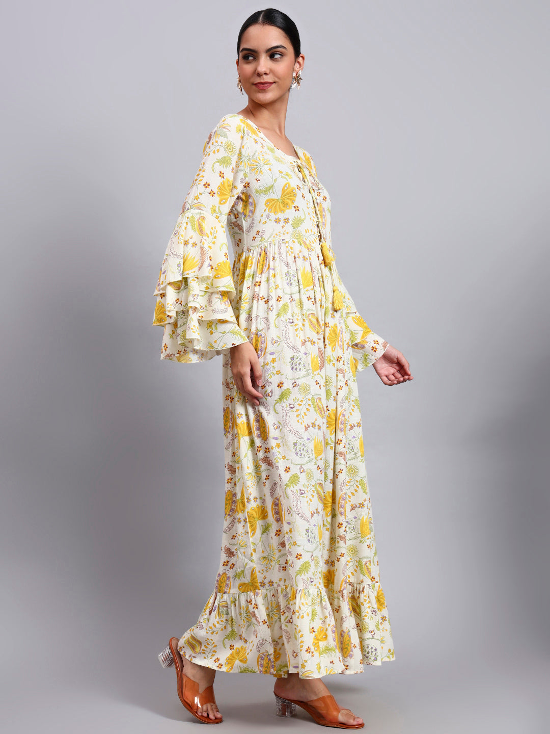 Women Floral Printed Rayon Jalabiya with Lace-Up Neckline-AL4006 Yellow