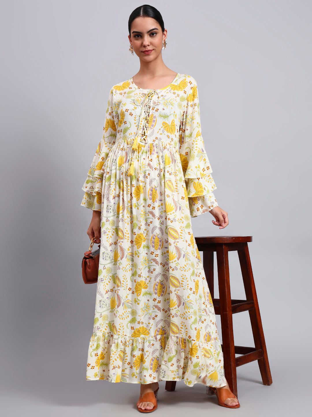 Women Floral Printed Rayon Jalabiya with Lace-Up Neckline-AL4006 Yellow