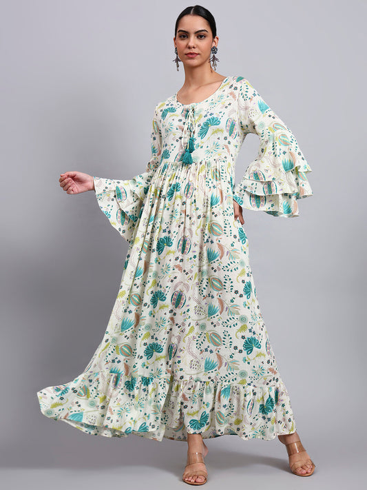 Women Floral Printed Rayon Jalabiya with Lace-Up Neckline-AL4006 Green