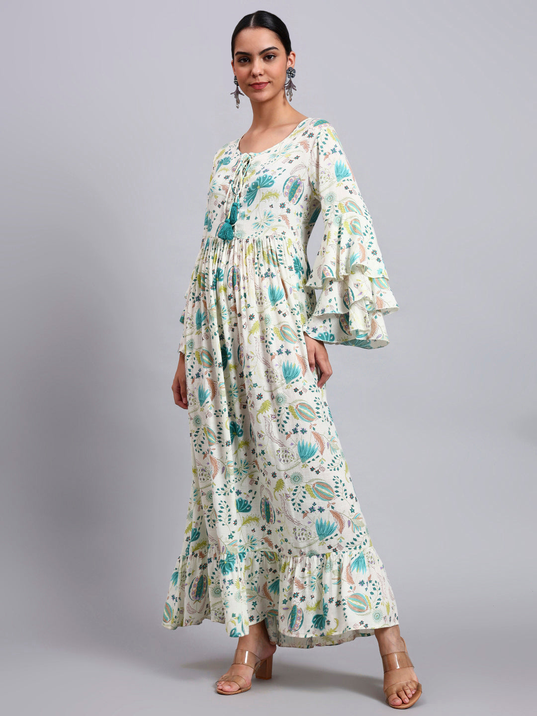 Women Floral Printed Rayon Jalabiya with Lace-Up Neckline-AL4006 Green