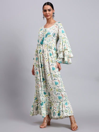 Women Floral Printed Rayon Jalabiya with Lace-Up Neckline-AL4006 Green