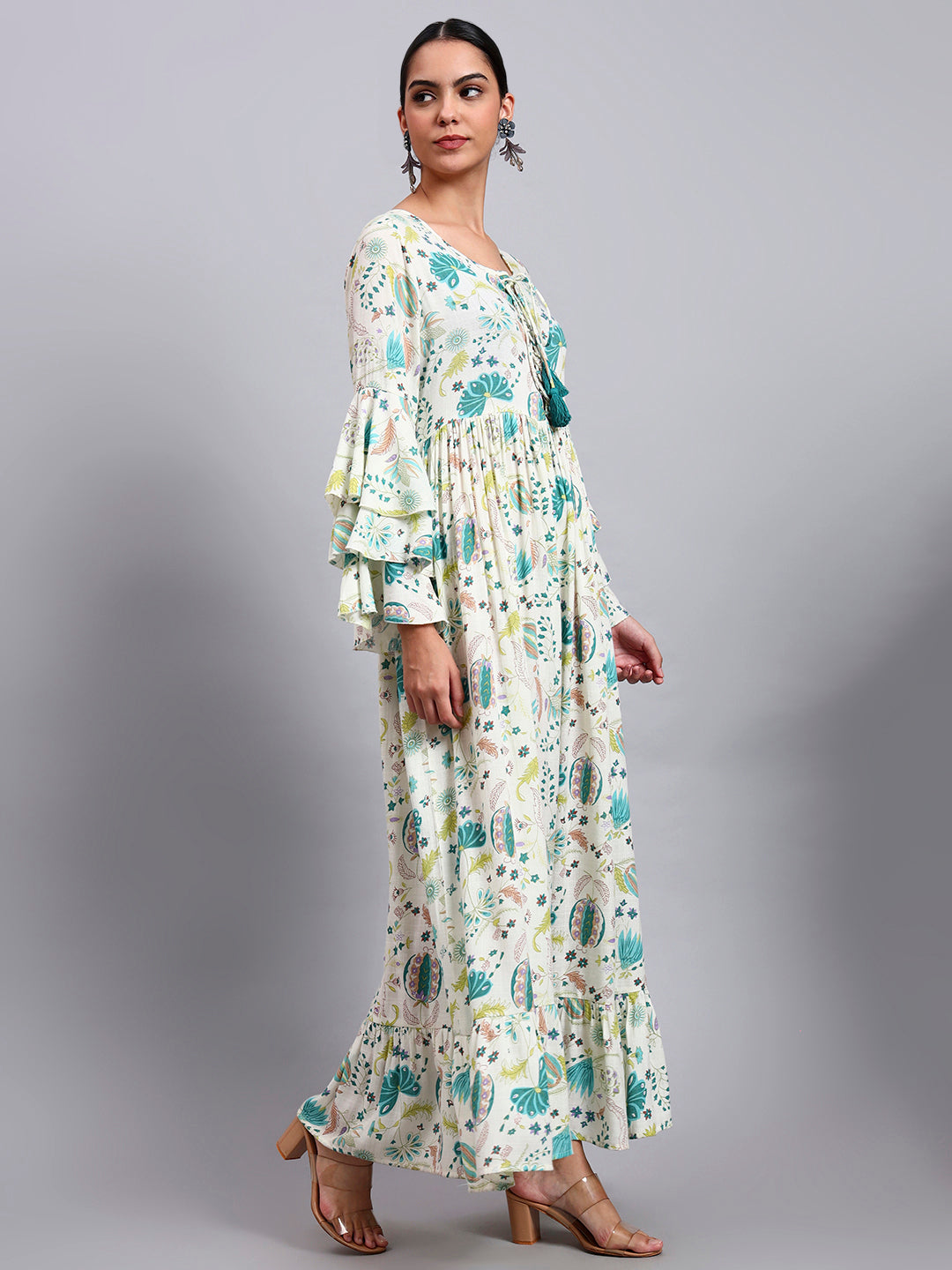 Women Floral Printed Rayon Jalabiya with Lace-Up Neckline-AL4006 Green