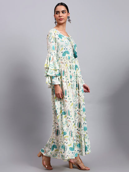 Women Floral Printed Rayon Jalabiya with Lace-Up Neckline-AL4006 Green