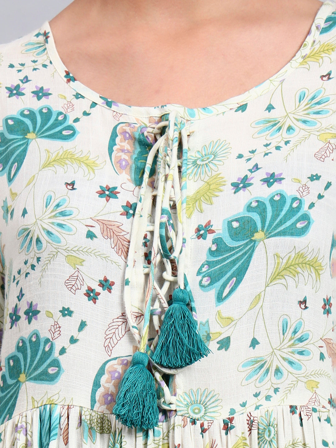 Women Floral Printed Rayon Jalabiya with Lace-Up Neckline-AL4006 Green