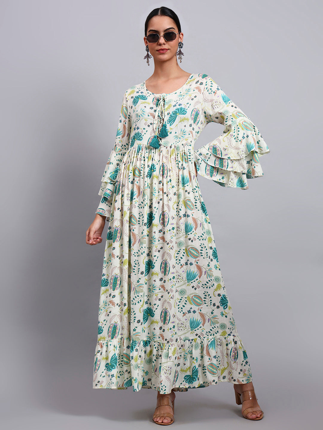Women Floral Printed Rayon Jalabiya with Lace-Up Neckline-AL4006 Green