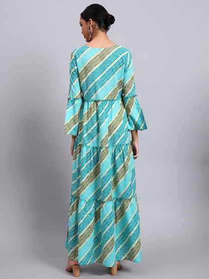 Women Printed Cotton Jalabiya with Bell Sleeves & Square Neckline-AL4050 Seagreen
