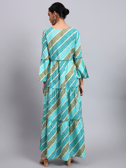 Women Printed Cotton Jalabiya with Bell Sleeves & Square Neckline-AL4050 Seagreen